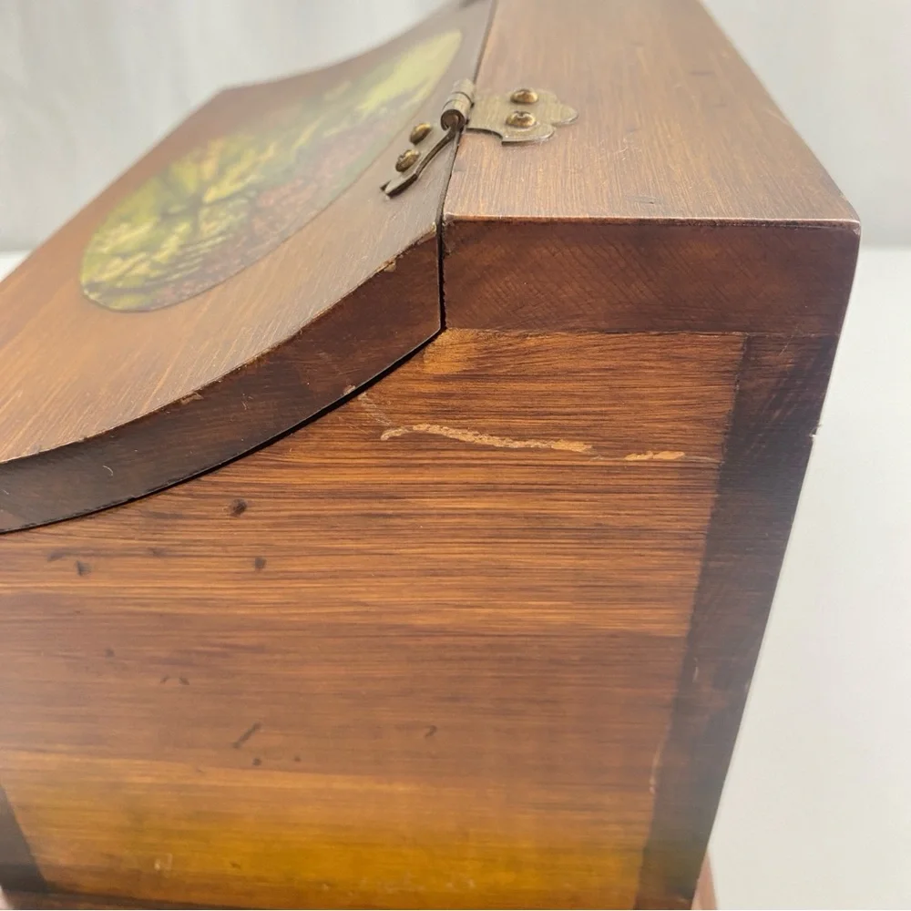 Vintage solid wood brass hinge counter storage keepsake box Currier & Ives inla